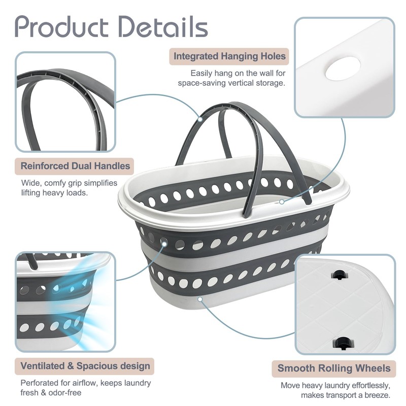 35L Large Rolling Collapsible Laundry Basket with Wheels, Foldable Plastic