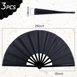 JOHOUSE 3PCS Large Folding Hand Fans, Black Foldable Fabric Fans Handheld Folding Fans 13 inch Long for Japanese Chinese Kung Fu Performance Party Dance Craft Gift