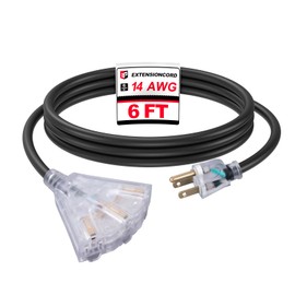 EP 6 Ft Lighted Outdoor Extension Cord with 3 Electrical Power Outlets - 14/3 SJTW Heavy Duty Black Extension Cable with 3 Prong Grounded Plug - Power Cord for Lawn, Garden, Appliances