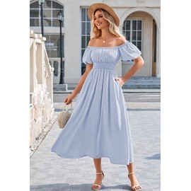 Linsery Women's Summer Dresses 2025 Puff Sleeve Square Neck Smocked A-Line Flowy Loose Fit Sundress Blue