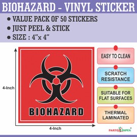 PARTH IMPEX Biohazard Stickers Sign Labels - (Pack of 50) 4" x 4" Large Hazardous Waste Hazard Warning Safety Vinyl Decals for Labs Hospitals Industrial Chemical Containers Trash Can