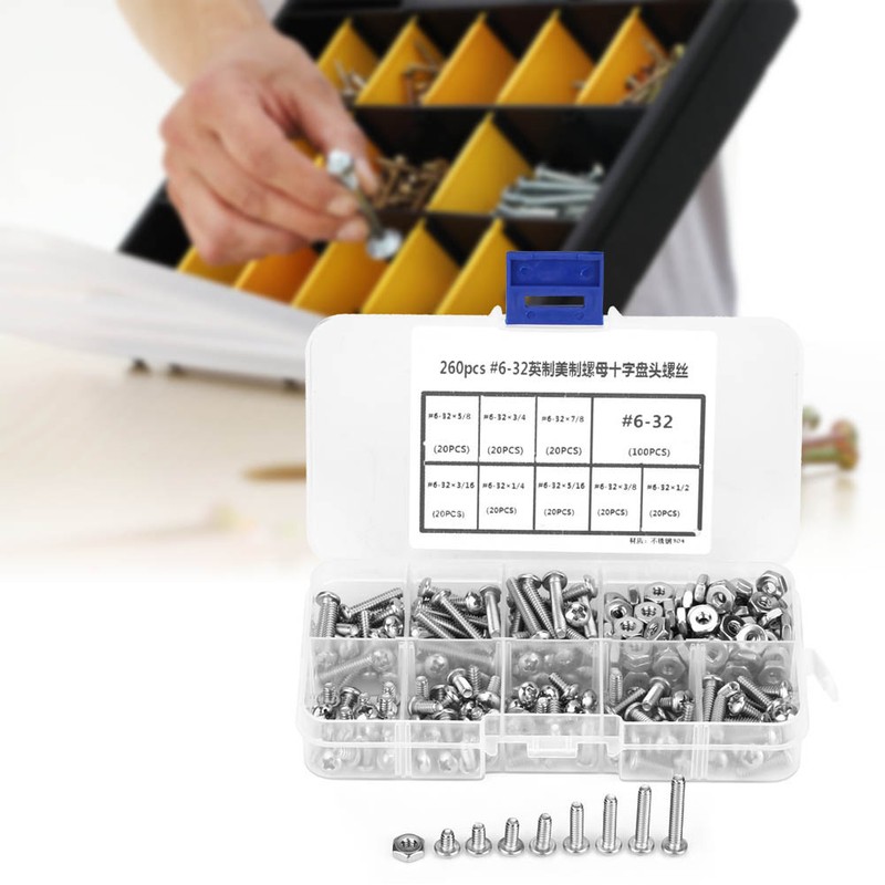 260pcs /set #6-32 Stainless Steel Cross Pan Head Machine Screws
