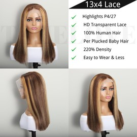 16 Inch Bone Straight Highlight Ombre Lace Front Wig 220% Density Human Hair Glueless Bob Wigs Pre Plucked, 4/27 Highlighted Honey Blonde Transparent Lace Front Wigs Human Hair Wigs For Black Women