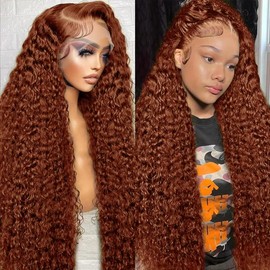 vestlucky 250 Density Reddish Brown Deep Wave Skinlike HD Invisible Lace Frontal Wig Bleached Tiny Knots #33 Colored Wigs Human Hair 13x4 Auburn Red Wet and Wavy Curly Lace Front Wig for Women 30inch