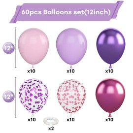 Purple Pink Balloons, 60 Packs 12 Inch Metallic Purple Pink Confetti Balloons, Lavender and Light Pink Latex Balloons with Ribbon for Girls Women Birthday Wedding Baby Shower Party Decoration