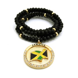 Iced Out Jamaica Flag Round Pendant 6mm 30" Wooden Bead Necklace (Gold/Black Wooden Bead)