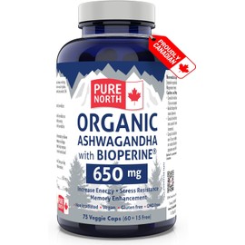 PURE NORTH NATURALS Ashwagandha with BioPerine - Organic Ashwagandha Supplement for Men and Women - 120 Capsules - 3rd Party Tested and Proudly Canadian