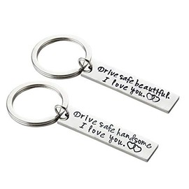 Meiligo Stainless Steel Valentines Day Gift Drive Safe Handsome Beautiful I Love You Keychain for Boyfriend Girlfriend Husband Wife Dad Mom Couples Stocking Stuffer (Handsome and Beautiful (2pcs))