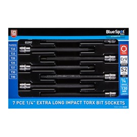 Blue Spot Tools Impact Extra Long Torx T Star Bit Socket Set, TRX Sockets, 7 Piece, 1/4-Inch Drive, T10-T40, S2 Steel, 130 mm