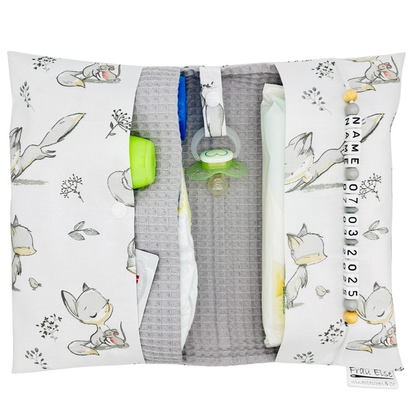 Personalisierte Windeltasche mit Name und Datum für unterwegs, Fuchs-Design mit