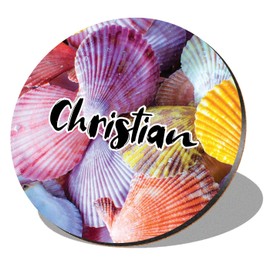1 x Round Coaster - Name Christian Sea Shells Letter Lettering Initial Cork Backed MDF Glossy Tea Coffee Accessory #264534