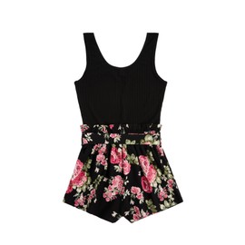 SOLY HUX Women's Summer Sleeveless Belted Tank Romper Short Jumpsuit Black Floral Printed Medium