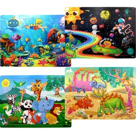 Puzzles for Kids Ages 4-8, 4 Pack Wooden Jigsaw Puzzles 60 Pieces Animal Dinosaur Puzzle Preschool Educational Learning Toys Set for Boys and Girls