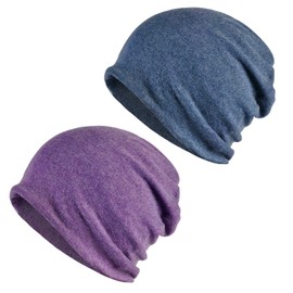 2 Pack Double Layer Brimless Hats Warm Hats for Autumn and Winter Elastic Unisex Hats Fashion and Versatile Accessories Suitable for Sports, Work, Travel and Care (Blue, Purple), Purple, Denim Blue