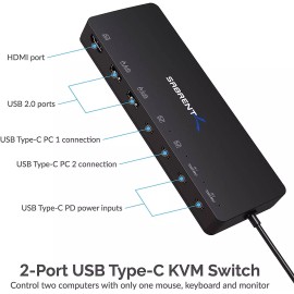 Sabrent 2-Port Type-C KVM Switch with 60 Watt Power Delivery Option (USB-KCPD)