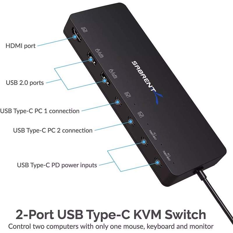 Sabrent 2-Port Type-C KVM Switch with 60 Watt Power Delivery