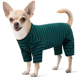 LETSQK Striped Dog Pajamas - Thermal Bodysuit for Small to Large Dogs, Fleece Shedding Suit, Stretchy & Machine-Washable Pjs, Belly Cut for Males, Great for Surgery & Cold Weather, Green XXS