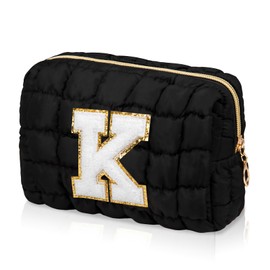 Initial Checkered Makeup Bag, Quilted Cosmetic Bag, Cute Make up Pouch for Purse, Travel Toiletry Storage Bag for Women Preppy Teen Girls Gift Trendy Stuff Gift (Black K)