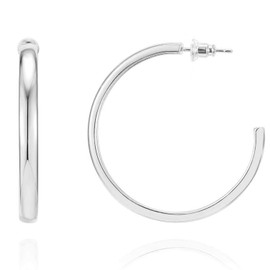 PAVOI Rhodium Plated Lightweight Hoop Earrings for Women | Wide Flat Hypoallergenic Huggie Hoops | Minimalist Jewelry 40mm Large Earrings