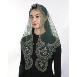 Bozidol Mantilla Triangle Embroidered Fatima Virgin Mary Rose Veil - Green Gold | Catholic Lace Church Veil for Women
