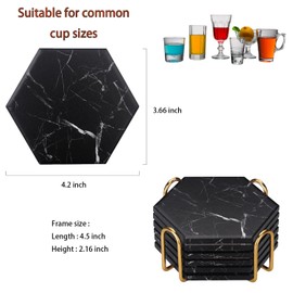 Warmroom Absorbent Hexagon Black Marble Coasters for Drink with Gold Holder and Cork Base Set of 6 Decorative Tabletop Protection for Bar Kitchen Home and Dining Room