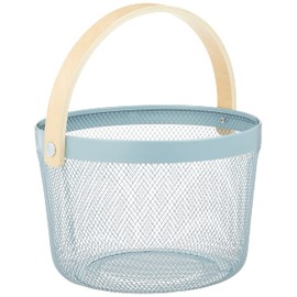 Daikai Linie Storage Iron Basket, Wood Handle, Round, Light Blue