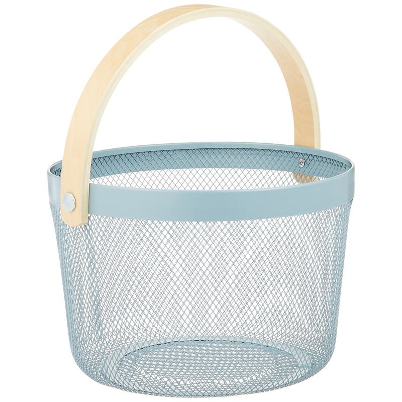 Daikai Linie Storage Iron Basket, Wood Handle, Round, Light Blue