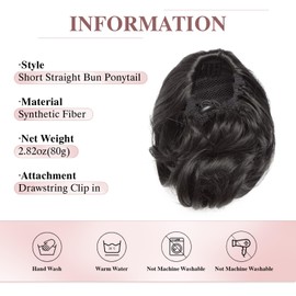 S-noilite Drawstring Hair Bun Ponytail Extensions, Short Ponytail Synthetic Comb Clip in Updo Hairpiece False Hair, 15 cm Straight Hepburn Scrunchies Bun Hairpiece, Dark Black