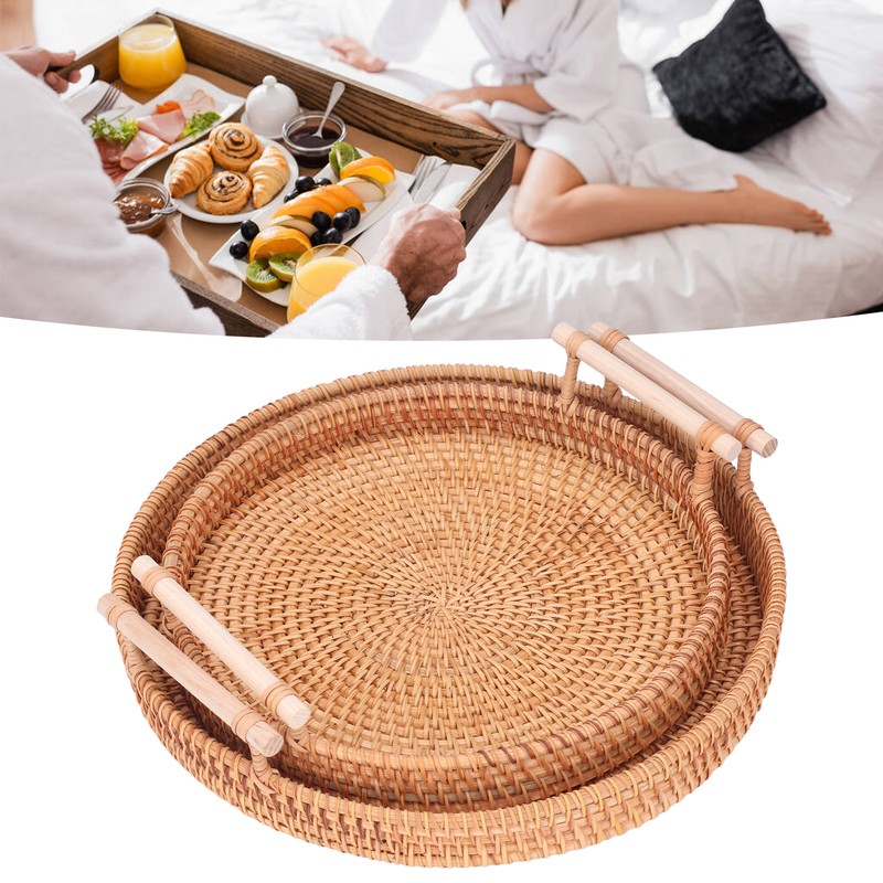 2PCS Hand Woven Rattan Tray Round Serving Tray Tea Fruit