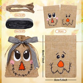 FYSUIMU 24Pcs Fall Burlap Drawstring Bags with Ribbon Rustic Farmhouse Autumn Scarecrow Face Linen Treat Bag Candy Gift Pouches for Harvest Thanksgiving Party Favors