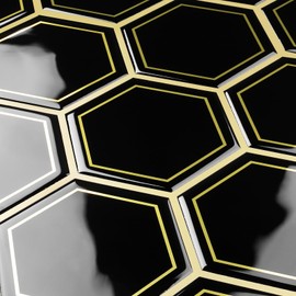 FunStick 15 Tile Hexagon Peel and Stick Backsplash Tile for Kitchen 12"x12" 3D Black and Gold Self Adhesive Backsplash Tiles Peel and Stick Wall Tiles for Bathroom Stick on Tile Stickers for Shower RV