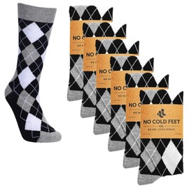 No Cold Feet Mens Fun Colorful Novelty Socks for Dress Casual Formal Groomsmen Wedding, Black, White, and Grey Argyle, 6-Pack