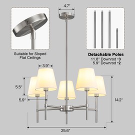 RUIYEY Dining Room Chandeliers Light - 5-Light Brushed Nickel Modern Chandeliers Light Fixtures with White Fabric Shade, Height Adjustable Pendant Island Lights for Entryway Farmhouse