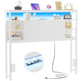 Unikito Twin Headboard with Storage, Headboard with Power Outlets and Smart LED Lights, Sturdy Head Board for Twin Size Bed, Stable Twin Headboards Only for Bedroom, Dorm Room, Guest Room, White