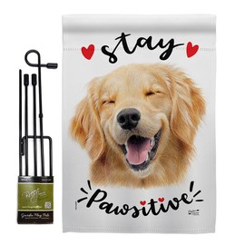 Stay Pawsitive Garden Flag Set with Stand Animals Dog Puppy Spoiled Paw Canine Fur Pet Nature Farm Animal Creature Small Decorative Gift Yard House Banner Double-Sided Made In USA 13 X 18.5