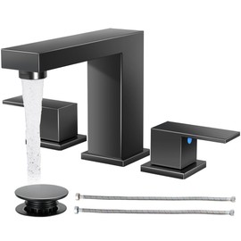 Cobbe Bathroom Faucets for Sink 3 Hole, Matte Black Bathroom Sink Faucet Square 8 inch Widespread with Pop-Up Drain, 2 Handle and 2 Supply Hoses, Lead-Free Stainless Steel for Vanity, Rv, Farmhouse