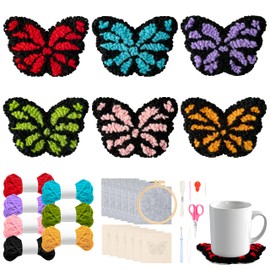 WATINC Butterfly Punch Needle Coaster Kit - 22Pcs Easy Art Work Decor Craft Supply for Beginners, DIY Set of 6 Butterflies Tufted Rug Pads with Adhesive Felt Yarns Embroidery Hoop Tools Instruction