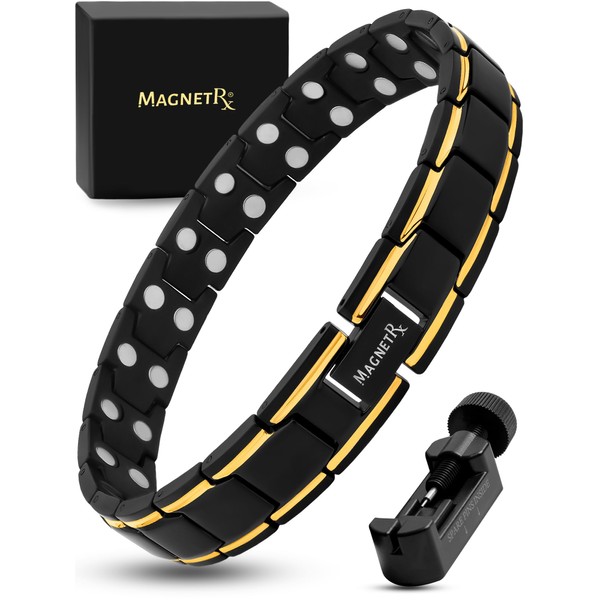 MagnetRX® Ultra Strong Magnetic Bracelet - Magnetic Bands for Men - Men's Bracelet Adjustable Length with Sizing Tool (Black & Gold)
