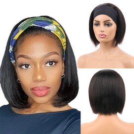 Huarisi 8 Inch Short Bob Headband Wigs Human Hair Straight Blunt Cut Brazilian Hair Wigs No Lace without Bangs Natural Colour 150 Density Can Be Restyled for Women