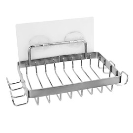 Stainless Steel Shower Soap Holder with 4 Hooks Saver for Bathroom Tile Kitchen Adhesive No Drilling and Kitchen Sink Required Wall Mounted Soap Box Tray Container