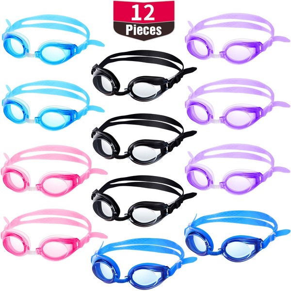 12 Pairs Kids Swimming Goggles No Leaking Swim Goggles Wide View Swim Glasses for Youth Children and Teens from 6 to 14 Years Old, Waterproof and Clear Vision, Random Color