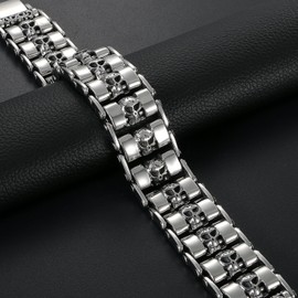 OIDEA Men's Biker Skull Bracelet: Skull Heavy Link Chain Bracelet Punk Gothic Skull Cross Lion Head Links Link Punk Rock Bicycle Chain Wrist Gift for Men Family Friend, Stainless Steel, Without Stone