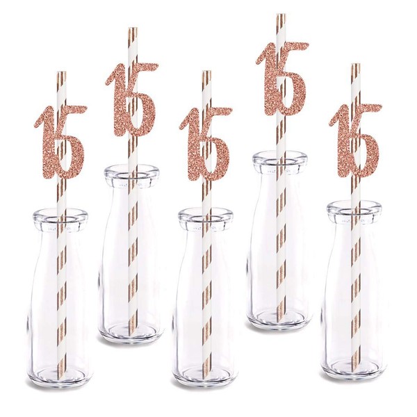 Rose Happy 15th Birthday Straw Decor, Rose Gold Glitter 24pcs Cut-Out Number 15 Party Drinking Decorative Straws, Supplies