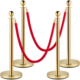 VEVOR Stanchions and Velvet Ropes 4Pcs, Solid Base with Stainless Steel Post, 5ft Red Velvet Ropes and Posts, Crowd Control Barriers Gold Stanchions, Red Carpet Runner Poles for Party Supplies