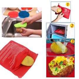 Roucerlin 3 Pack Microwave Potato Bag Kit with Silicone Vegetable Scrubber Brush, Reusable Baked Potato Pouch and Multipurpose Silicone Dish Sponge (Red)