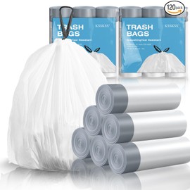 120 Counts 1.6 Gallon Mini Drawstring Trash Bags, Small Garbage Bags by KSSKSS, Code a fit 4.5-8 Liter, 1.2-2 Gal, White Trash Bin Liners for Home Office Kitchen Bathroom Bedroom