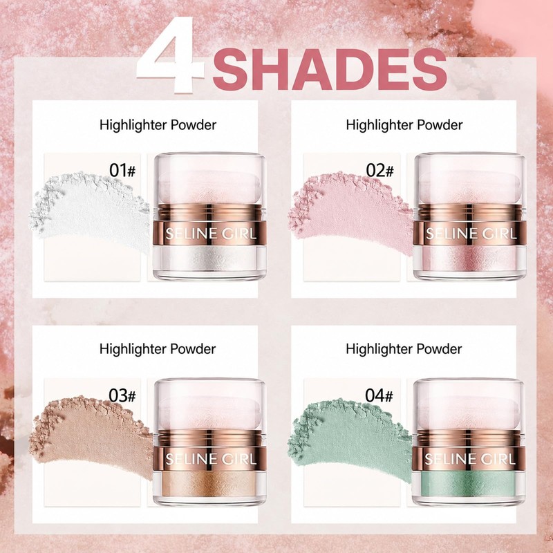 Qwesure Xixi Highlighter Powder with Powder Puff, Loose Shimmer Powder
