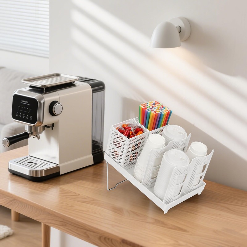 6-Compartment Coffee Cup Dispenser with Straws Holder, Plastic Coffee Cup
