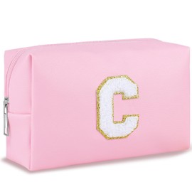 URSKYTOUS - Bolsa de maquillaje con inicial para mujer, bolsa de cosméticos grande, bonita bolsa de maquillaje rosa para cartera, bolsa de aseo con cierre, organizador de piel sintética, brochas de maquillaje, bolsa de almacenamiento de maquillaje, C