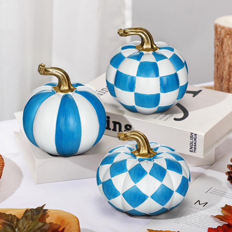 3-Piece Blue and White Resin Pumpkin Set, Coastal Fall Decor
